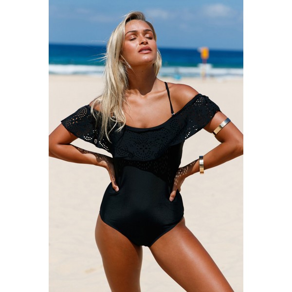 Black Flounce Off Shoulder One Piece Swimsuit