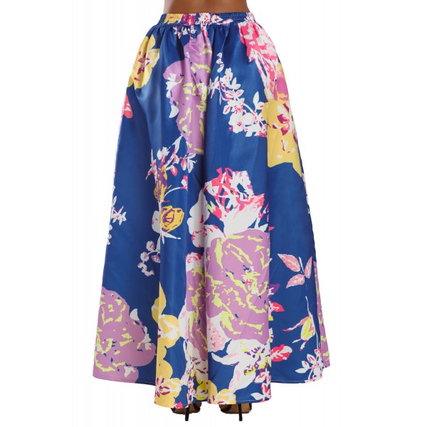 Navy Lilac Floral Elegant Flared Maxi Skirt