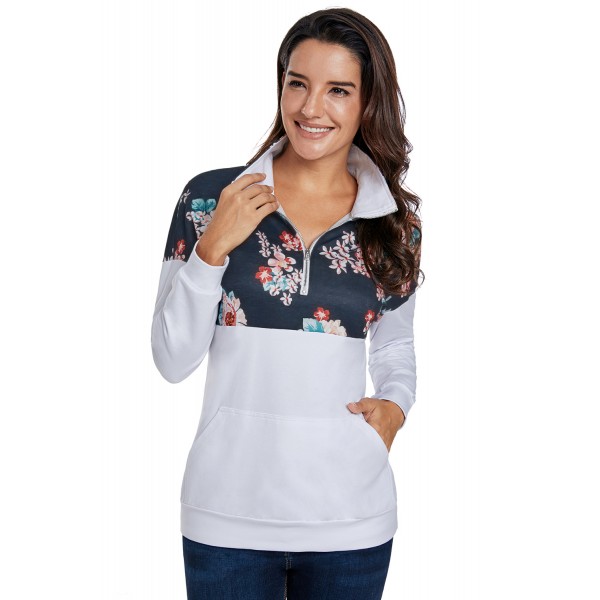 Floral Splice White Kangaroo Pocket Zip Collar Sweatshirt